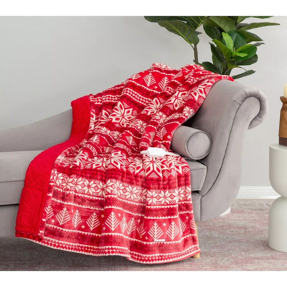 Berkshire Velvetsoft & Sherpa Heated Throw 50x60 Red Fair Isle w/ EZ Touch Remot